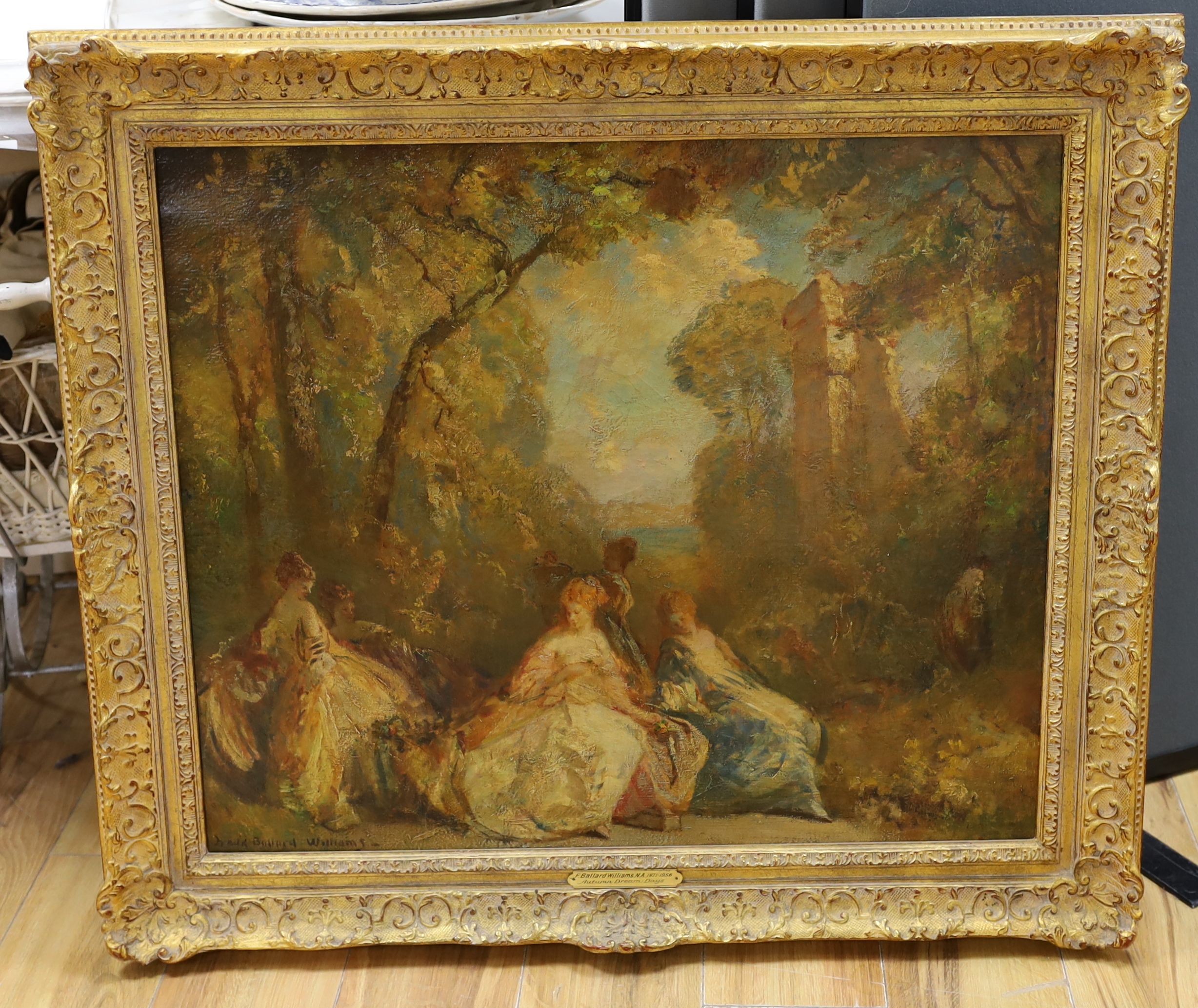 Frederick Ballard Williams (1871-1956), oil on canvas, '18th century ladies in gardens', signed, 62 x 74cm